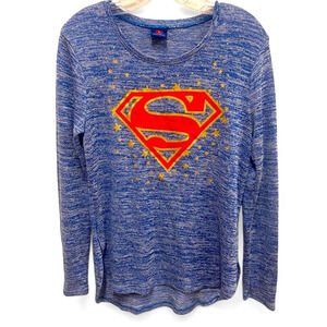 DC Comics Superman Lightweight Tunic High Low Sweater w/Glitter Logo Size Large